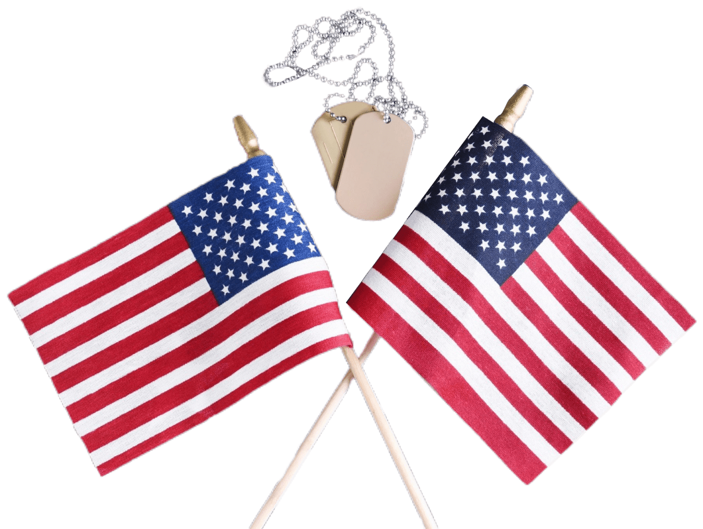 Two american flags and a dog tag on toothpicks.